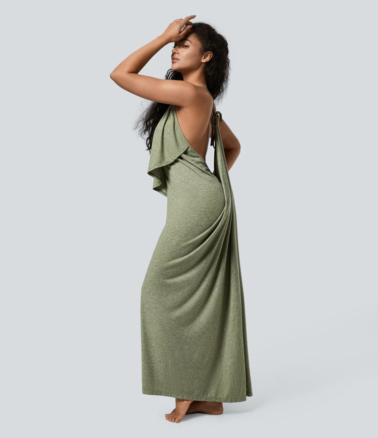 Women’s V Neck Backless Tie Back Ruched Maxi Resort Slip Dress - Halara | HALARA