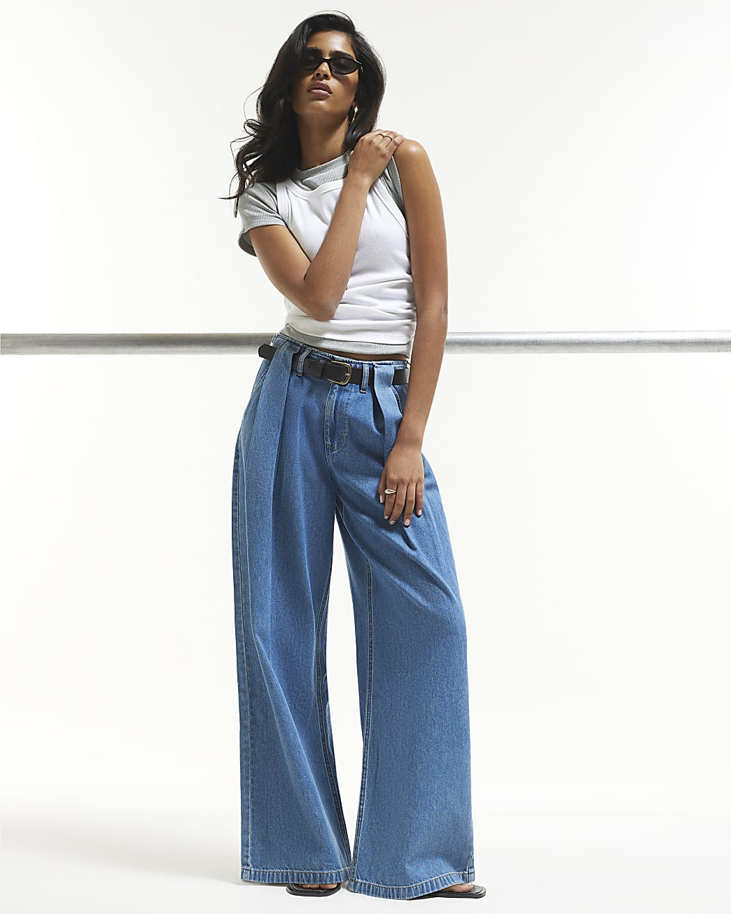 Blue Belted Pleated Wide Leg Jeans | River Island UK & IE