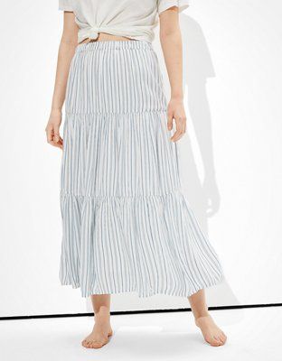 AE Striped Tiered Midi Skirt | American Eagle Outfitters (US & CA)