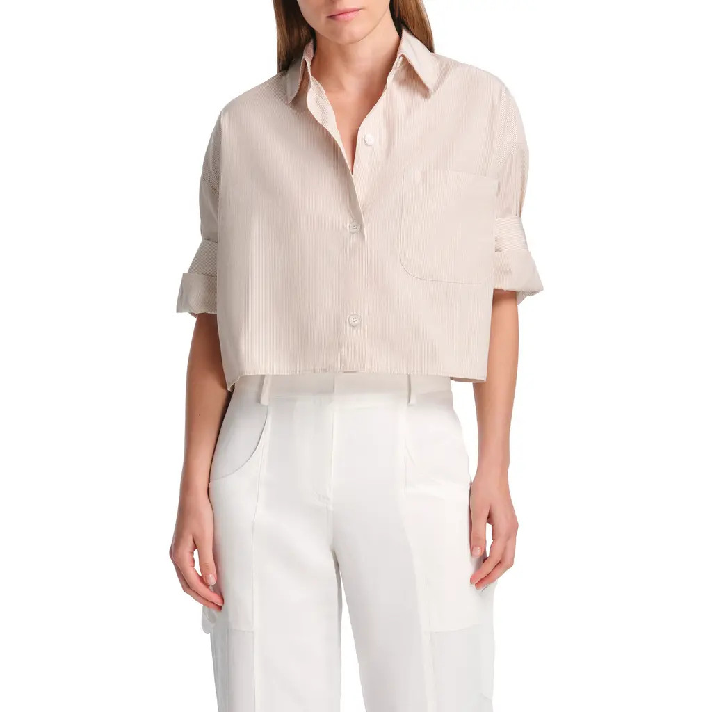 TWP Next Ex Pinstripe Cotton Button-Up Crop Shirt in Maple /White at Nordstrom, Size Medium | Nordstrom