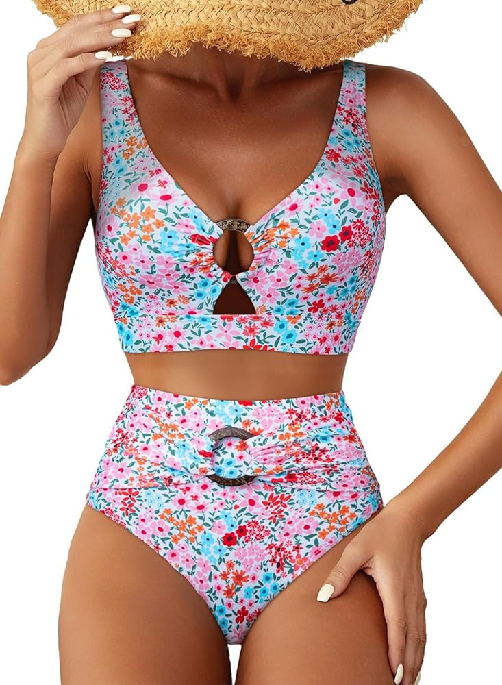 Herseas Women's High Waisted Bikini Sets - Floral Print 2 Piece Swimsuits Tummy Control Modest O ... | Amazon (US)