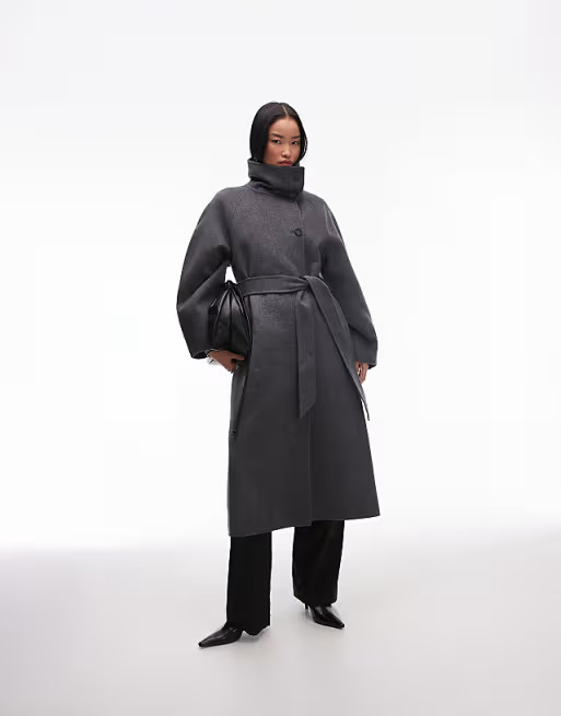 & Other Stories belted wool blend maxi coat with high funnel and sculptural sleeves in grey dark | ASOS (Global)