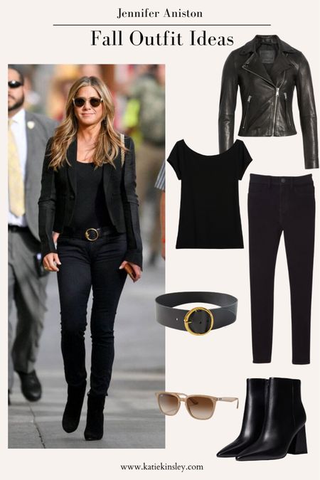Jennifer Aniston fall outfit idea: black jeans, black boots, black top, black jacket 

#LTKFind #LTKstyletip #LTKSeasonal