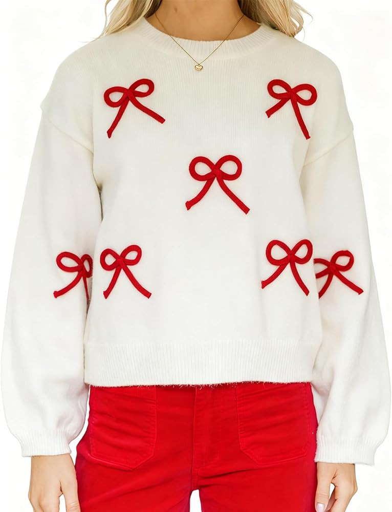 COORALLY Women’s Cute Bow Sweater Y2K Knit Long Sleeve Vintage Crewneck Pullover Going Out Tops | Amazon (US)