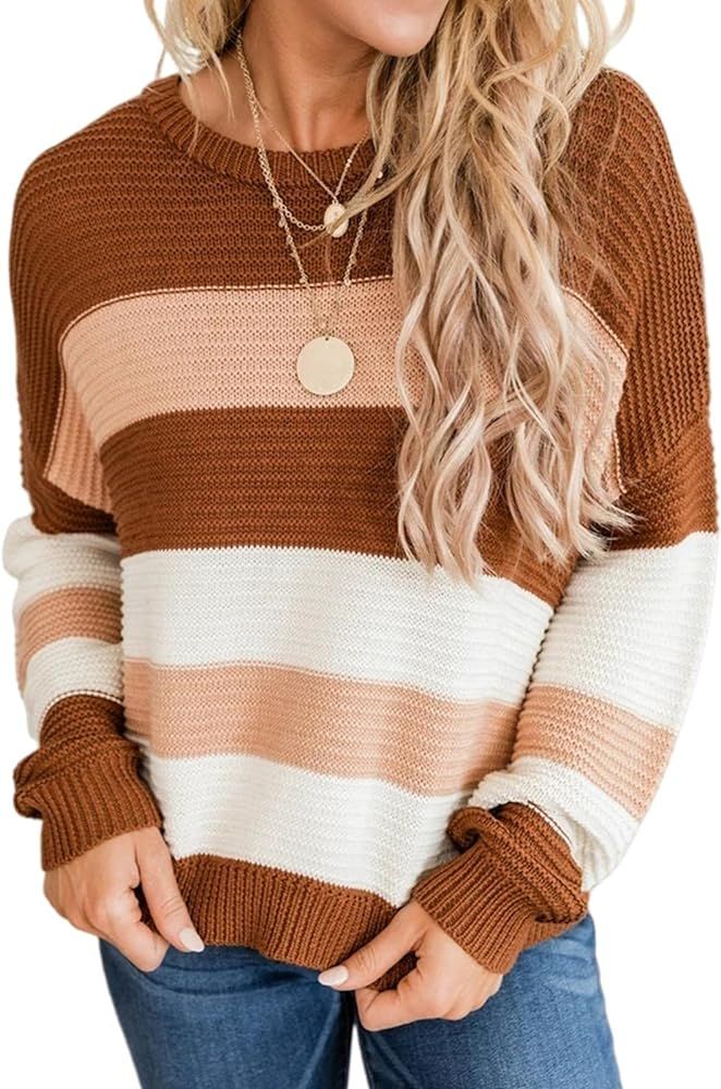 Jillumi Womens Sweaters Striped Color Block Long Sleeve Casual Knit Crew Neck Pullover Sweater To... | Amazon (US)