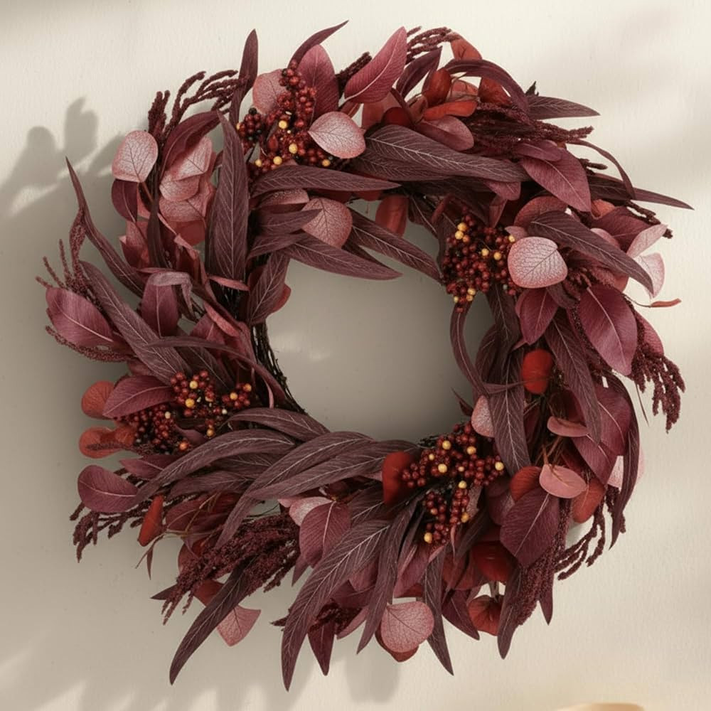 22" Burgundy Fall Wreath for Front Door Artificial Eucalyptus Wreaths with Burgundy Leaves Berrie... | Amazon (US)
