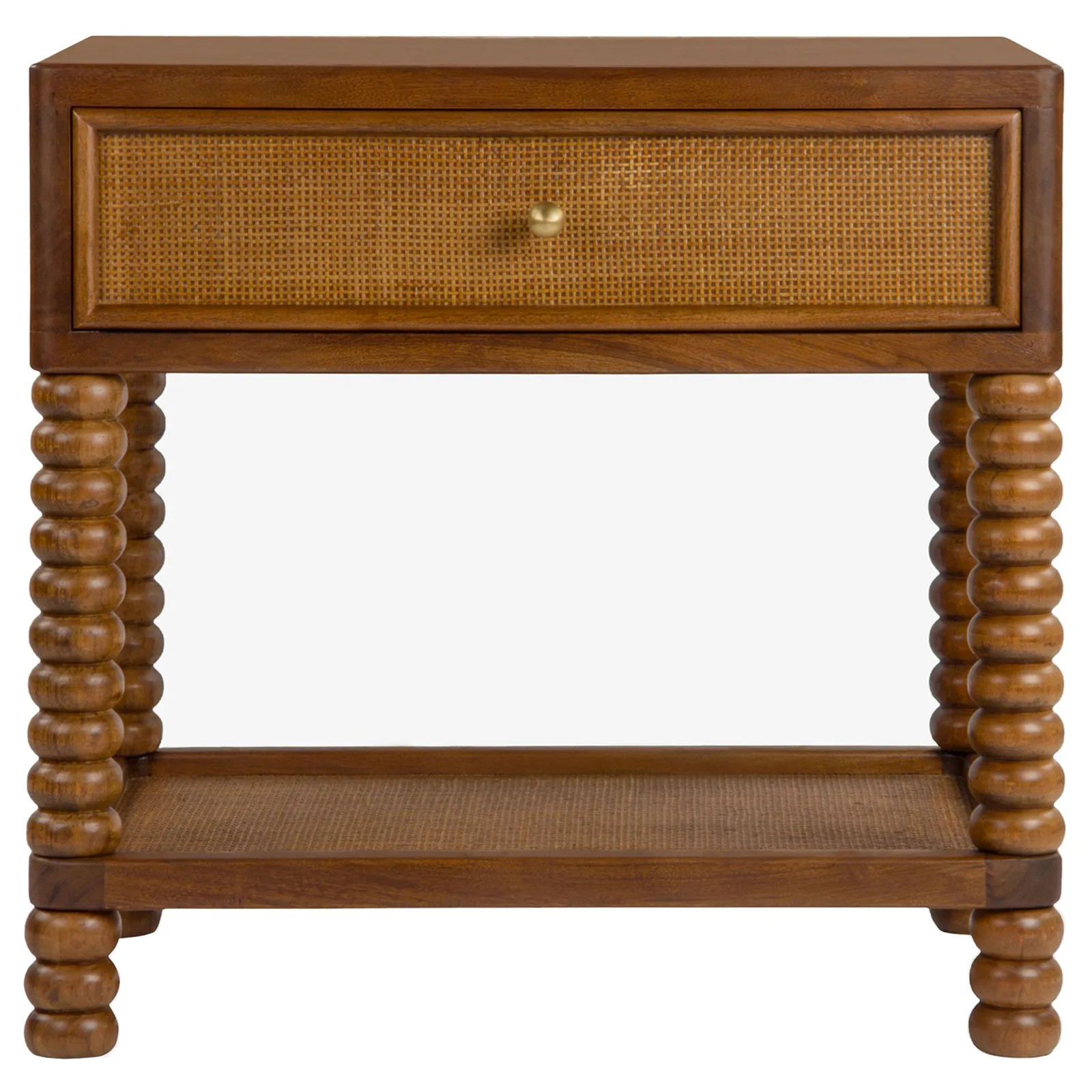 Wyatt Updated Traditional Brown Acacia Wood Cane Nightstand | Kathy Kuo Home