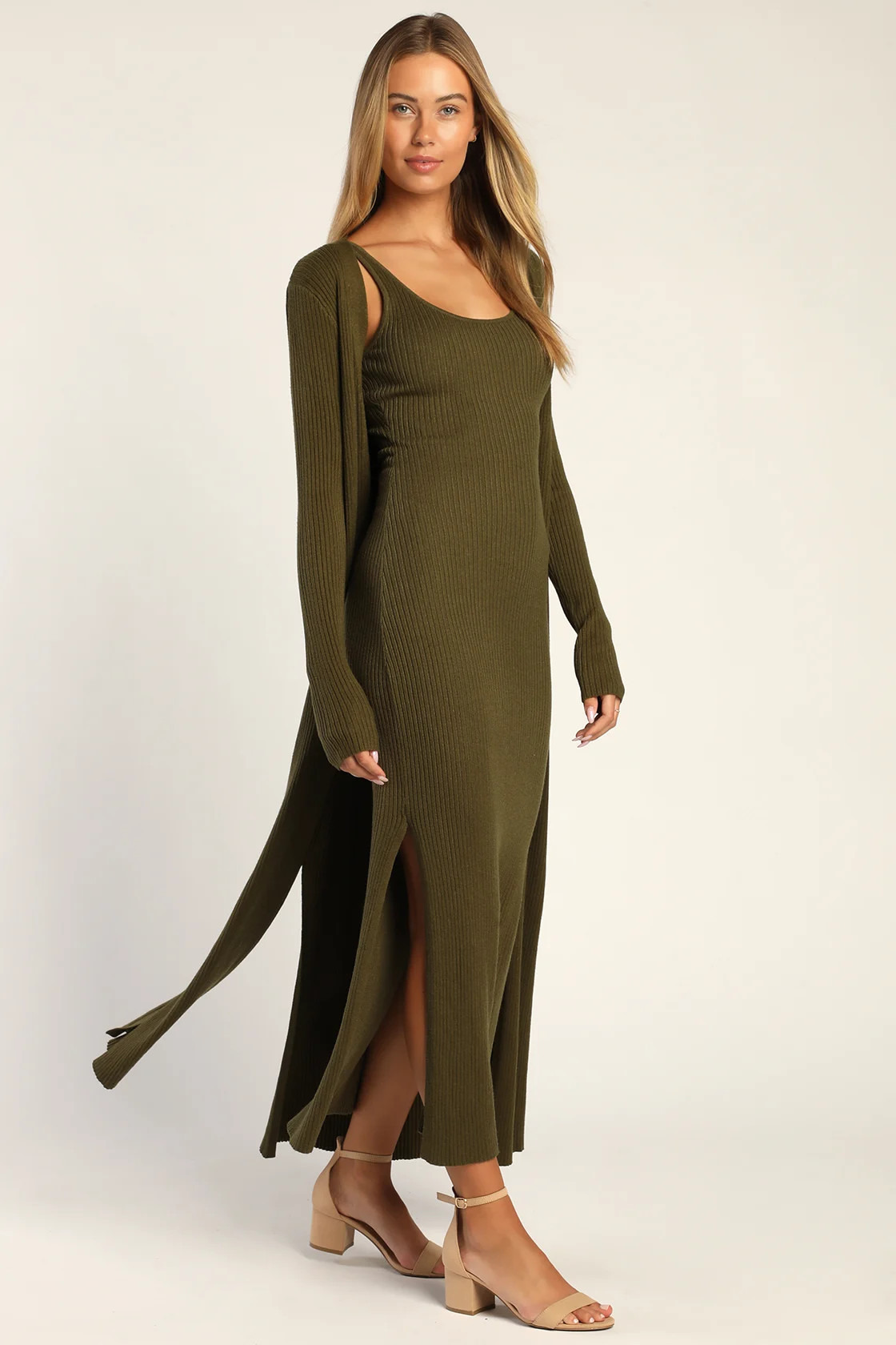 Layer Lover Olive Ribbed Knit Two-Piece Dress & Cardigan Set | Lulus