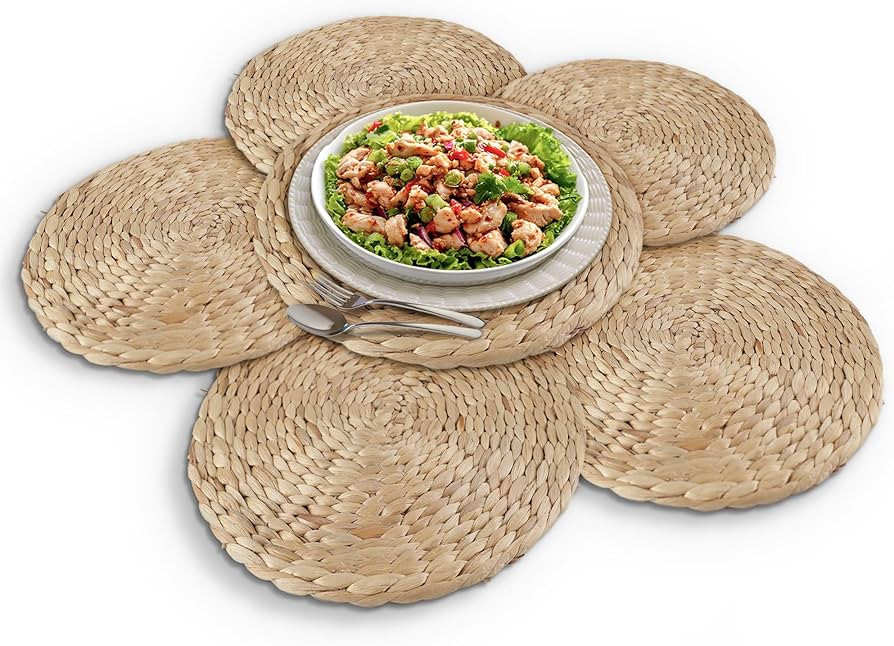 Natural Round Placemats Set of 6, 12 inch Woven Placemats, Herringbone Pattern, Table Mats Braide... | Amazon (US)