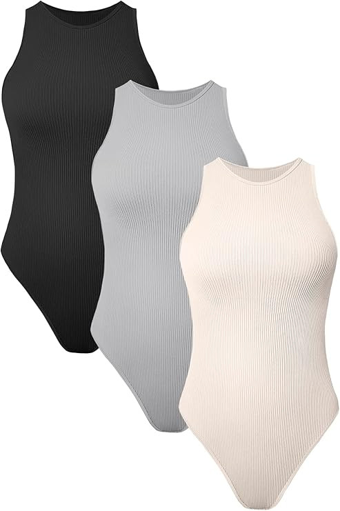 AUTOMET Womens 3 Piece Bodysuits Sexy Ribbed Sleeveless Halter Neck Shapewear One Piece Jumpsuits... | Amazon (US)