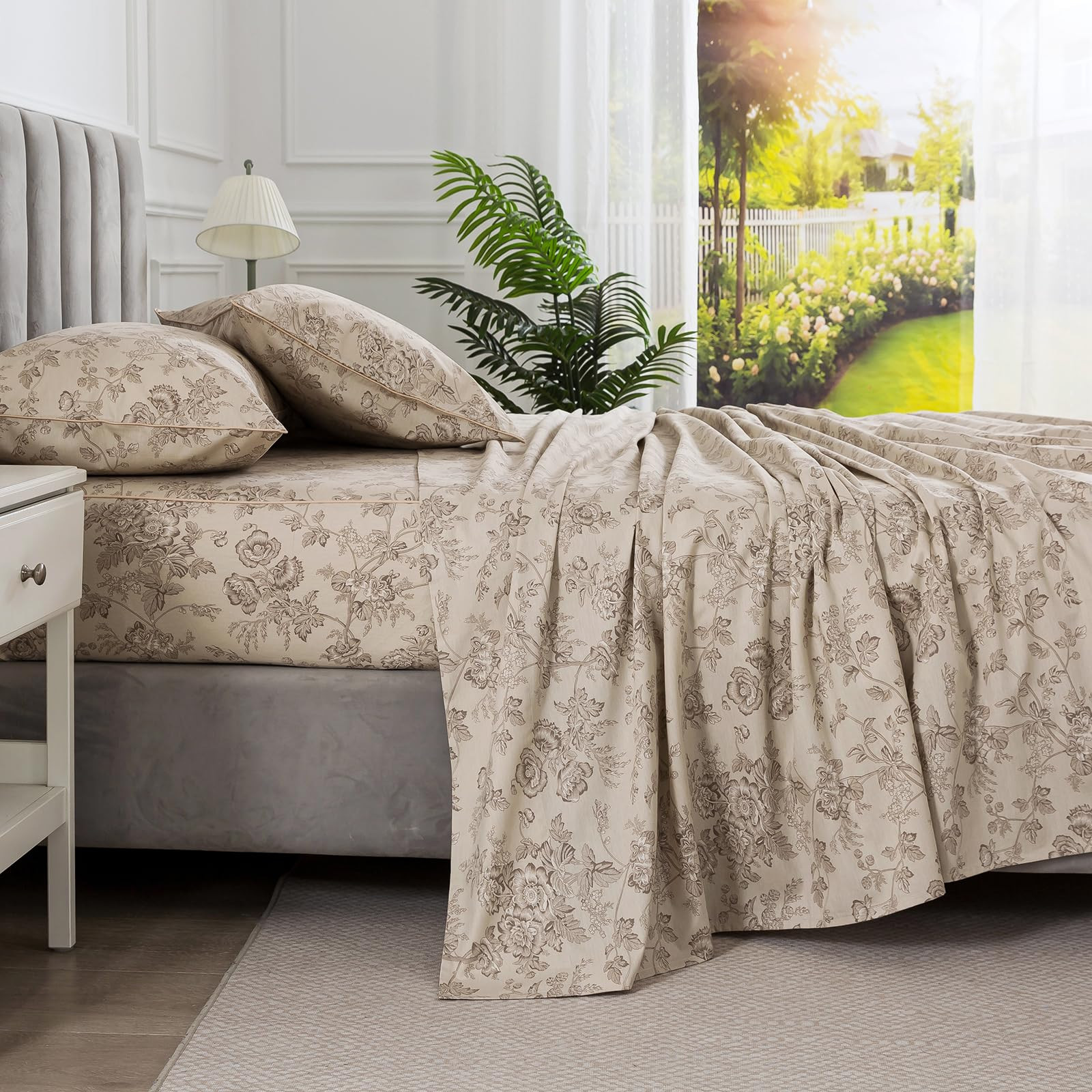 Beige Floral Percale Sheets, King Size 100% Cotton Shabby Flower Print Chic Bed Sheet Set, Soft C... | Amazon (US)