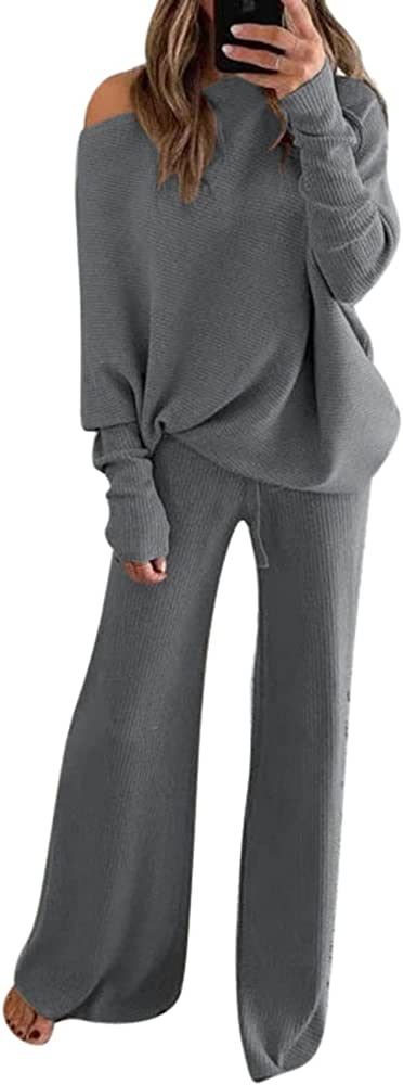 Linsery Women Knit Sweatsuit Turtleneck Sweater Top Wide Leg Pants 2 Piece Outfits | Amazon (US)