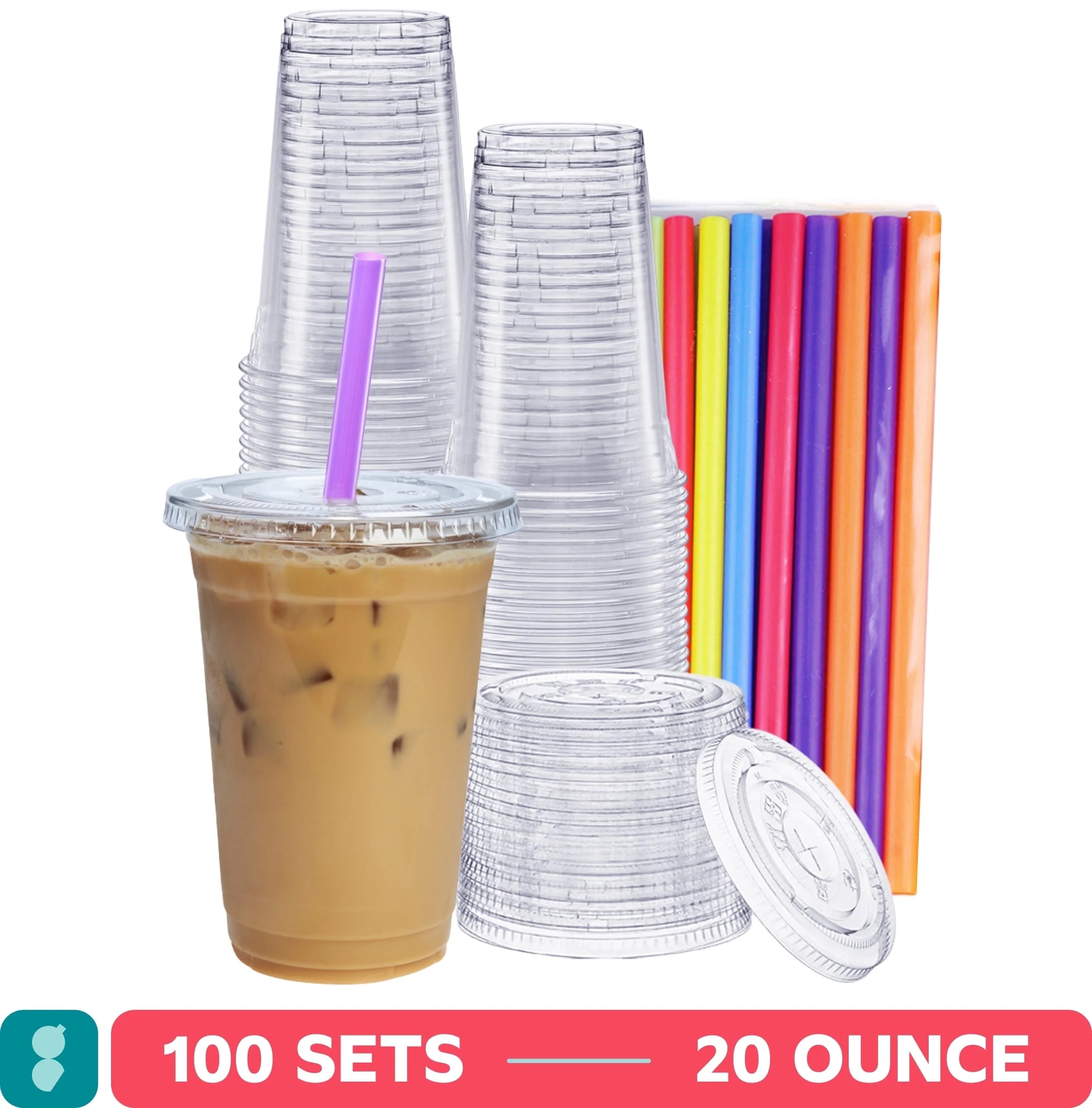 GUSTO 20 Oz Clear Plastic Cups with Flat Lids & Straws for Coffee, Slushie, Milkshakes, 100-Pack | Walmart (US)