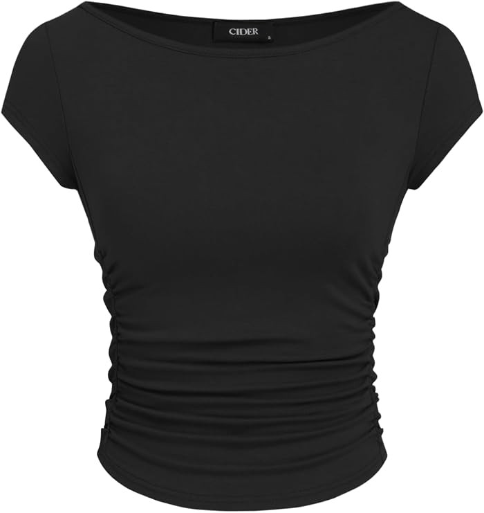 CIDER Women Ruched Crop Top Cap Sleeve Tee Boat Neck Fitted T Shirts | Amazon (US)
