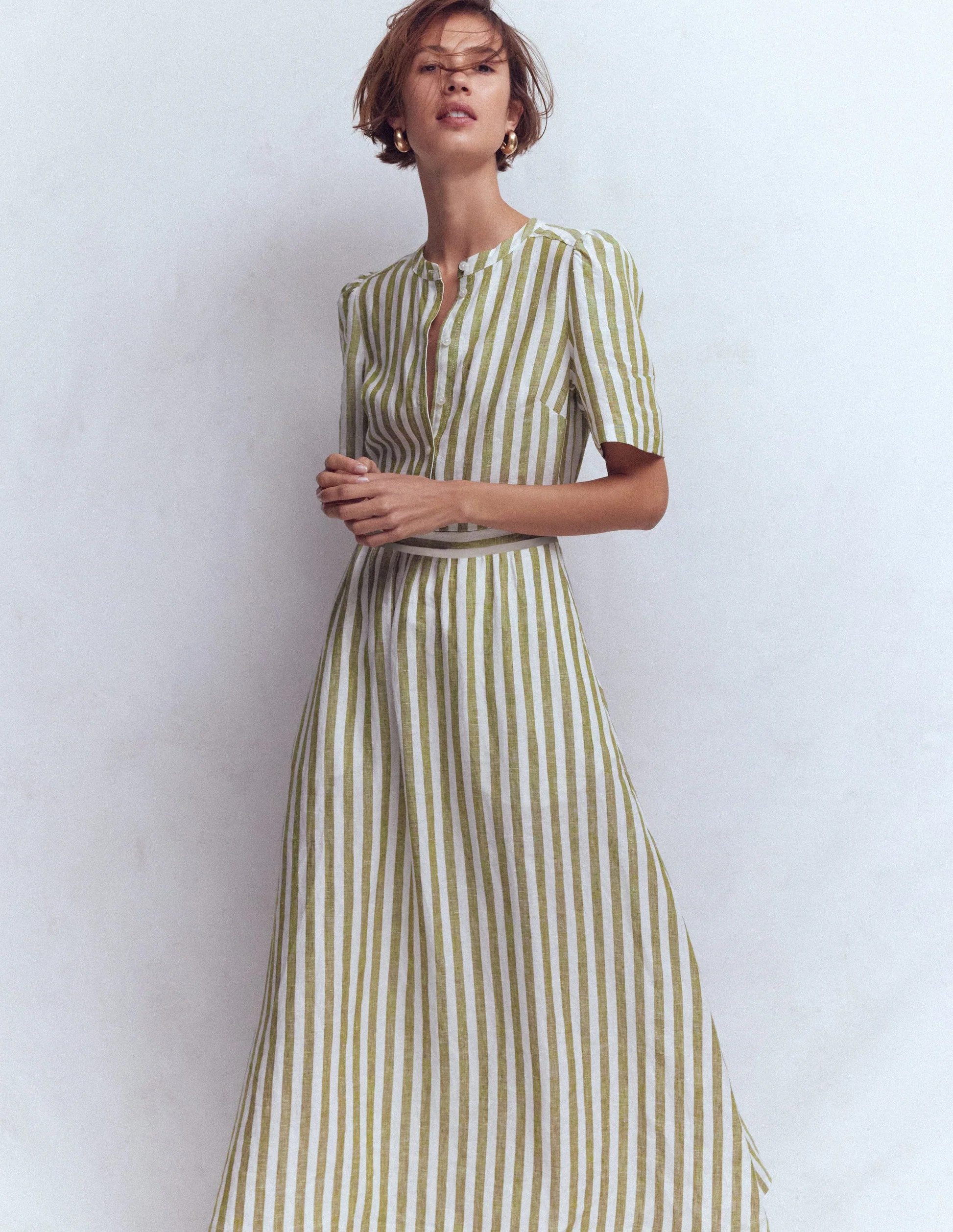 Ivy Linen Midi Dress-Olive, Ivory Stripe | Boden (US)