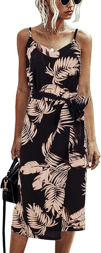Angashion Women's Dresses - Sexy V Neck Spaghetti Strap Floral Leopard Printed Split Party Tulip ... | Amazon (US)