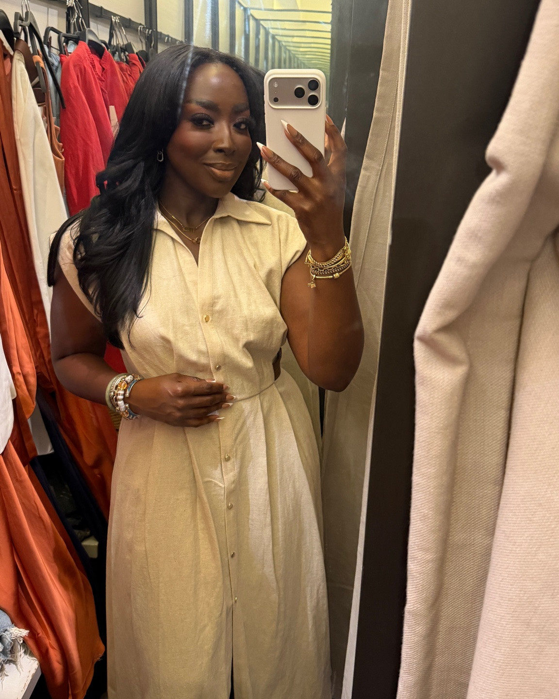 Wearing a medium, but if you are shaped like me, you can definitely go down in this midi length dress from ZARA.