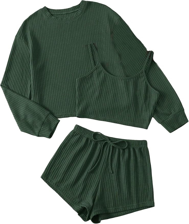 COZYEASE Women's 3 Piece Lounge Sets Ribbed Knit Cami Top Long Sleeve Tee Shirts and Shorts Pajam... | Amazon (US)