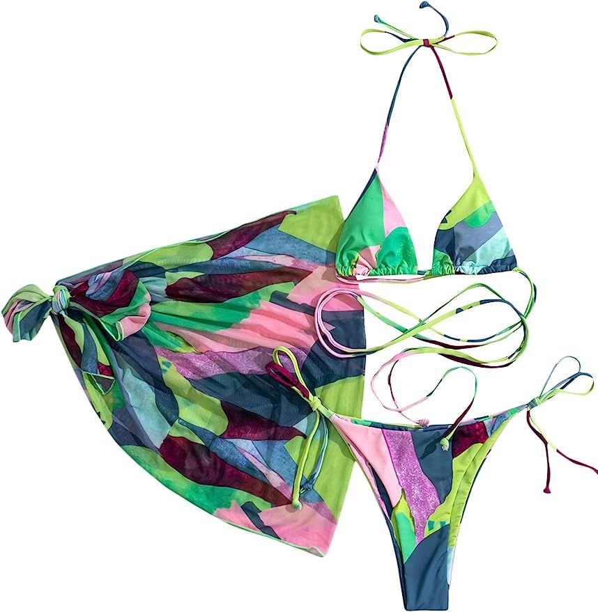 SOLY HUX Women's Tie Dye Wrap Bikini Bathing Suits with Mesh Beach Skirt 3 Piece Swimsuits | Amazon (US)