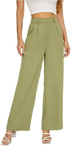 Women Office Wide High Waist Pants Loose Fit Elastic Waist Pleated Front Trousers for Work Casual | Amazon (US)