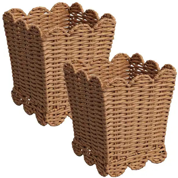 Silas Farmhouse Resin 3.3-Gallon Tapered Square Wicker Watebasket with Scalloped Edge (Set of 2) | Bed Bath & Beyond