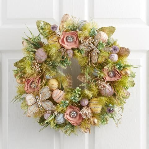 Pier Place Jeweled Wood Curl Flower And Egg Wreath | World Market