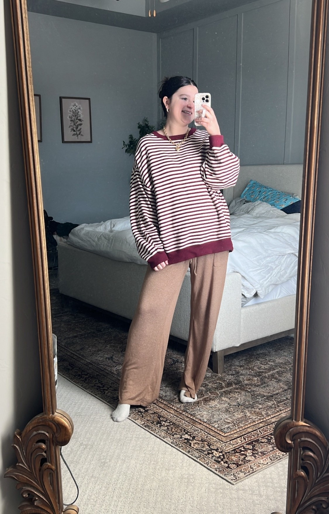 Comfy mom outfit / wfh outfit🫶🏼 i love all things oversized, especially 6 months post Partum. This sweatshirt is a M and definitely TTS. If between sizes, you can size down but do not recommend sizing up. 

Comfy outfit / comfy mom outfit / mom style / wfh / aerie / everyday outfit / loungewear / oversized / striped sweater / striped set / striped matching / Amazon / matching set / lounge pants 

#LTKootd #LTKmomlife