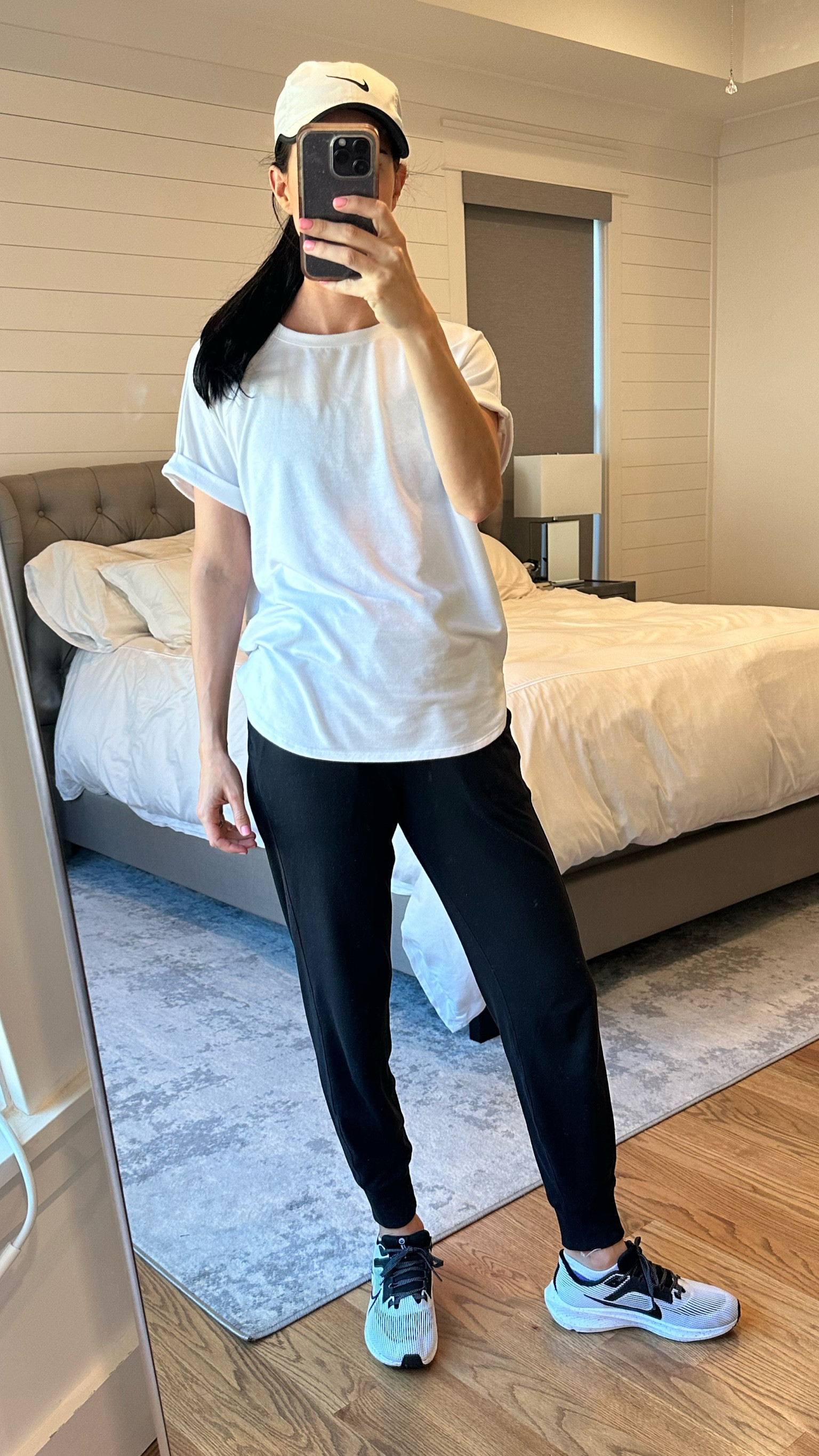My usual hot mom walk attire— white t-shirt, Lululemon joggers, Nike tennis shoes, and Nike hat. Comfortable athleisure for a walk or travel day. 

#LTKstyletip #LTKshoecrush #LTKtravel