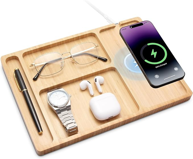 Valet Tray, Built-in Wireless Charger, Nightstand Organizer, Bamboo Desk Bedside Caddy Organizer ... | Amazon (US)
