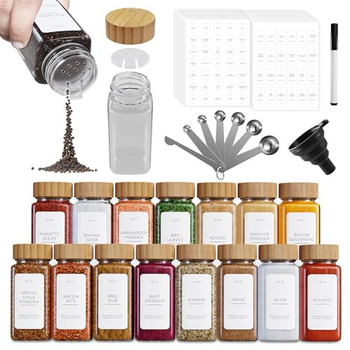 Soulace Collections 36 Pcs Spice Jars With Bamboo Lids - Glass Spice Jars with 600 Spice Jar Labels, 7pc Measuring Spoon Set, Funnel, and More - Spices Container Set Jars for Kitchen Storage | Amazon (US)