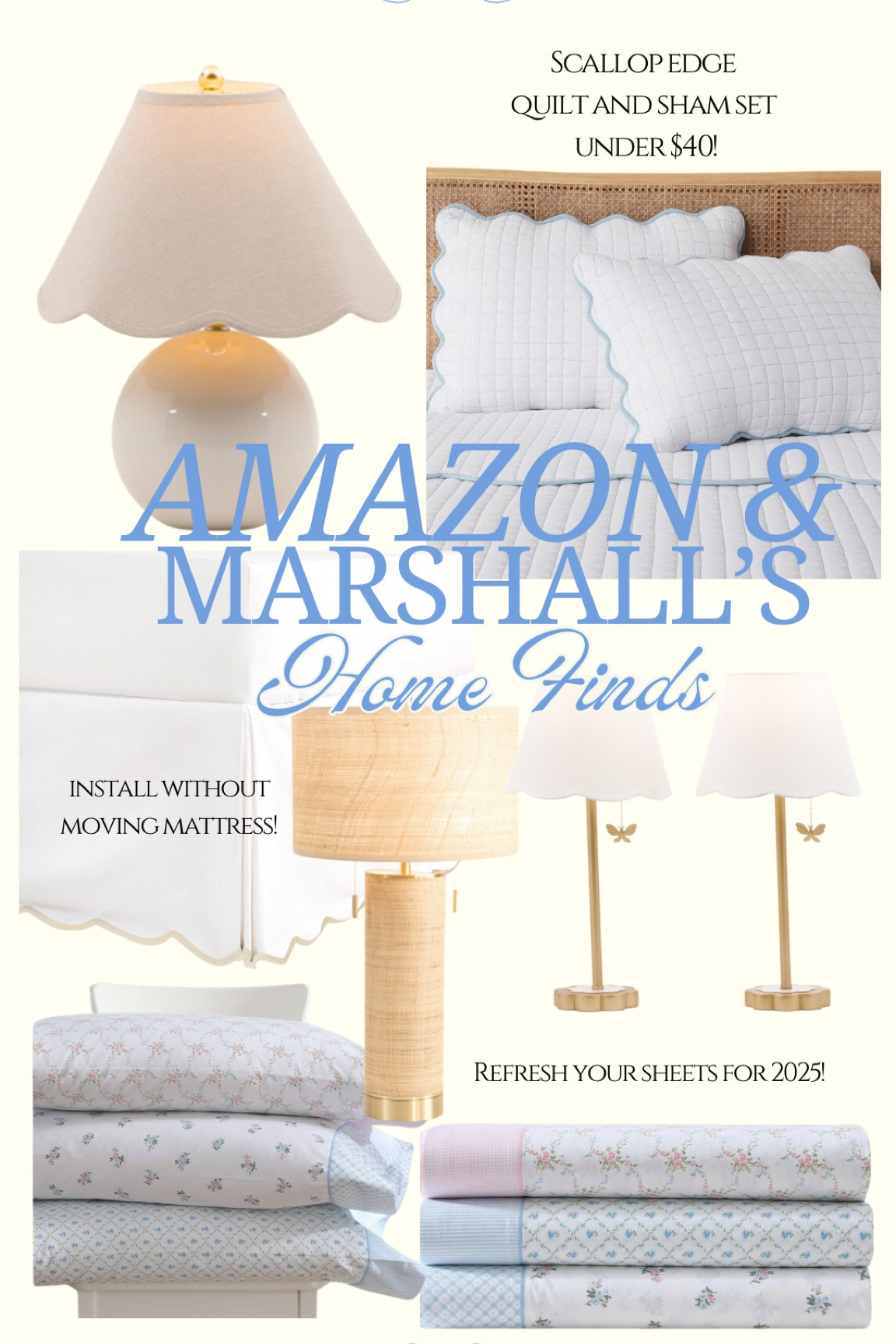 Coastal home, grand millennial home, blue and white, rattan lamps, Serena and Lily look for less, scallop edges, scallop edge, quilt, guest bedding, feminine details 

#LTKfindsunder100 #LTKhome #LTKfindsunder50