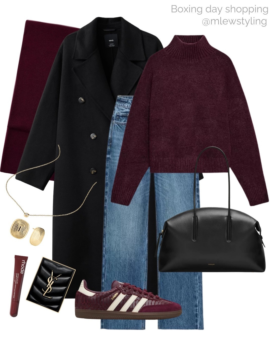 What to wear for Boxing Day shopping ✨

Tags: winter outfit, burgundy turtleneck sweater, mango black wool coat, Zara jeans, DeMellier hang at, adidas samba sneakers, rhode lip tint, ysl eyeshadow palette, Mejuri diamond necklace, gold earrings, burgundy scarf

#LTKGiftGuide #LTKHoliday #LTKSeasonal