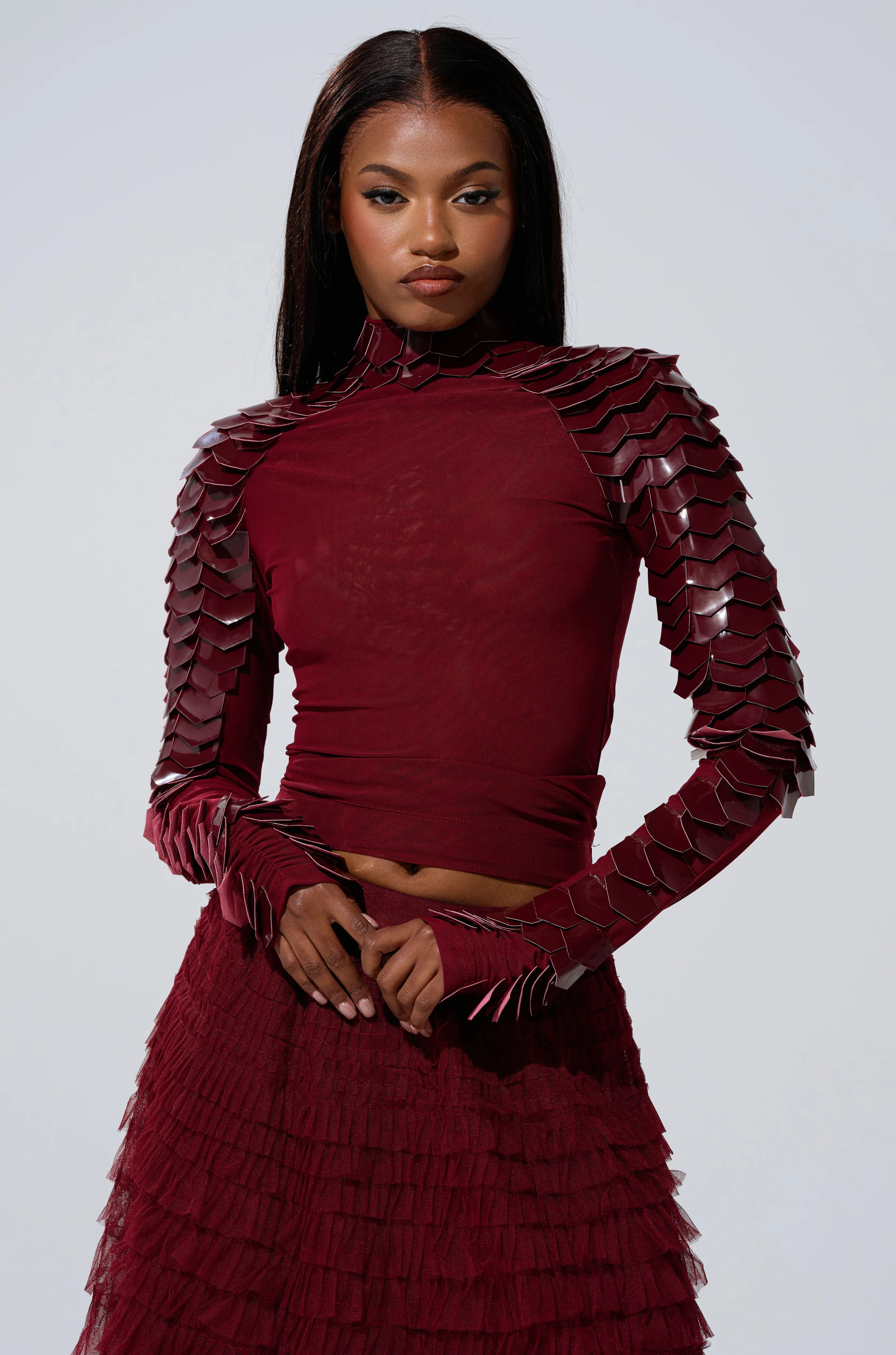 VELMA VINYL SCALE TOP IN BURGUNDY | AKIRA