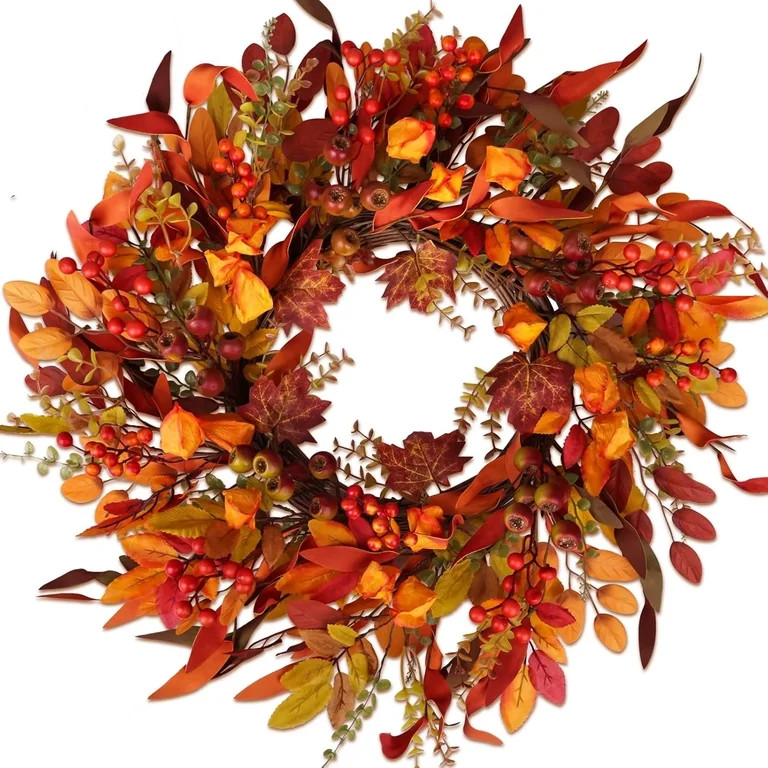 Bootesun 24" Berry Branches Fall Wreath with Colorful Mixed Leaves, Autumn Artificial Wreath for ... | Walmart (US)