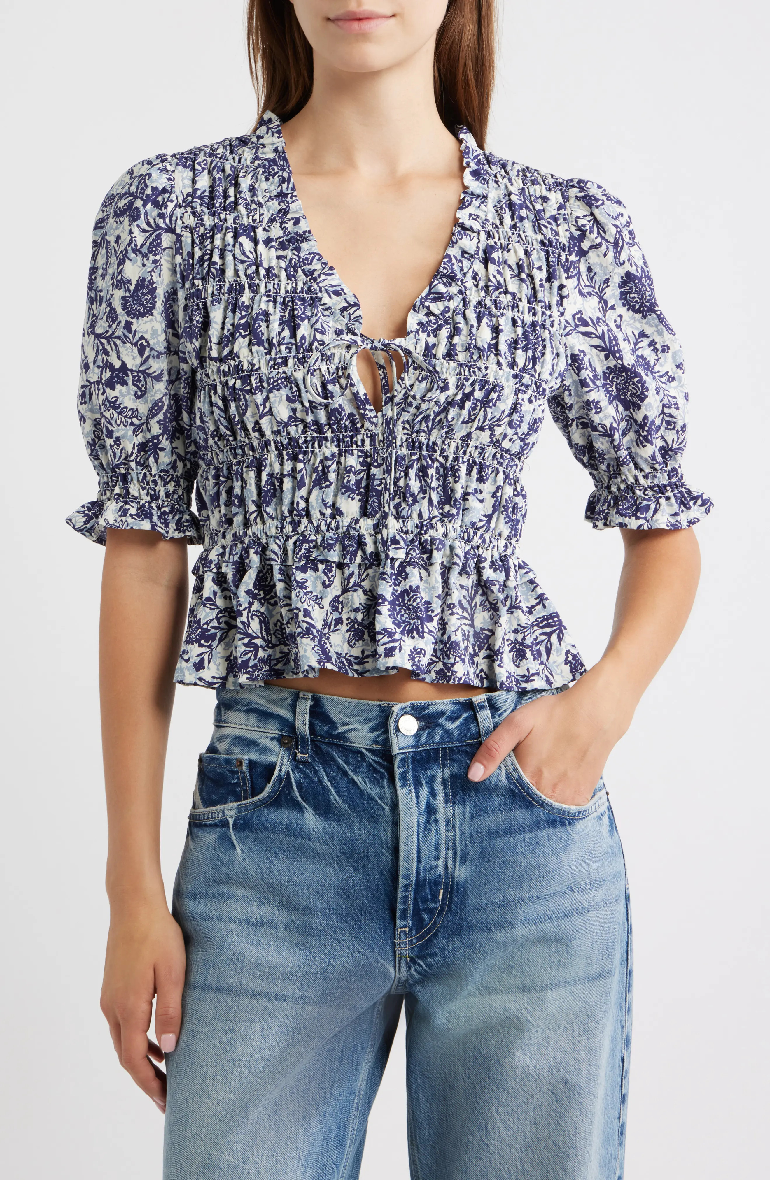 Rails Fontaine Floral Smocked Top in Indigo Marigold at Nordstrom, Size Medium | Nordstrom