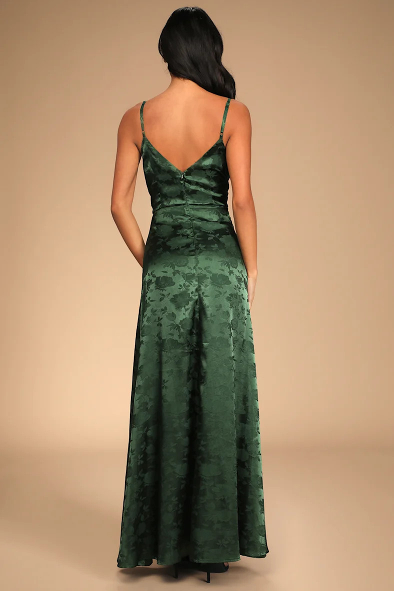Simply Dreamy Emerald Green Satin Floral Jacquard Maxi Dress | Lulus