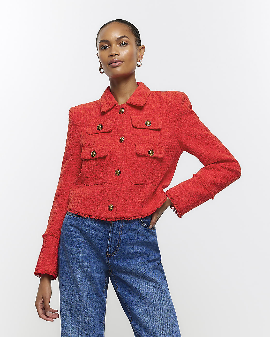 Red Boucle Trophy Blazer | River Island (US)