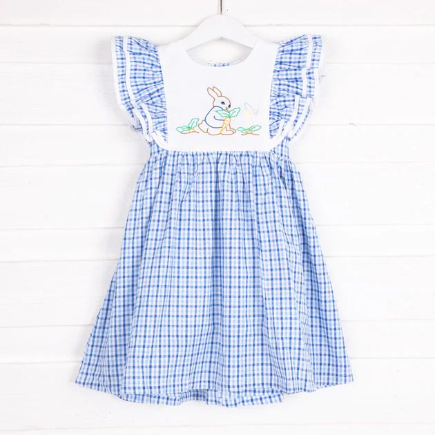Storybook Rabbit Embroidered Blue Plaid Sash Dress | Classic Whimsy
