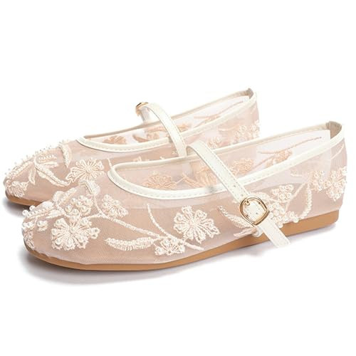 LUXMAX Mesh Embroidered Flats for Women Leopard Mary Jane Flats Ballet Shoes Round Toe Slip On Ballerina Floral Shoes, Size 6 M US,White-01 | Amazon (US)
