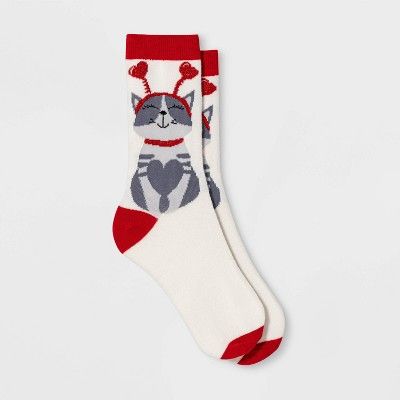Women's Kitty Cupid Valentine's Day Crew Socks - Ivory One Size | Target