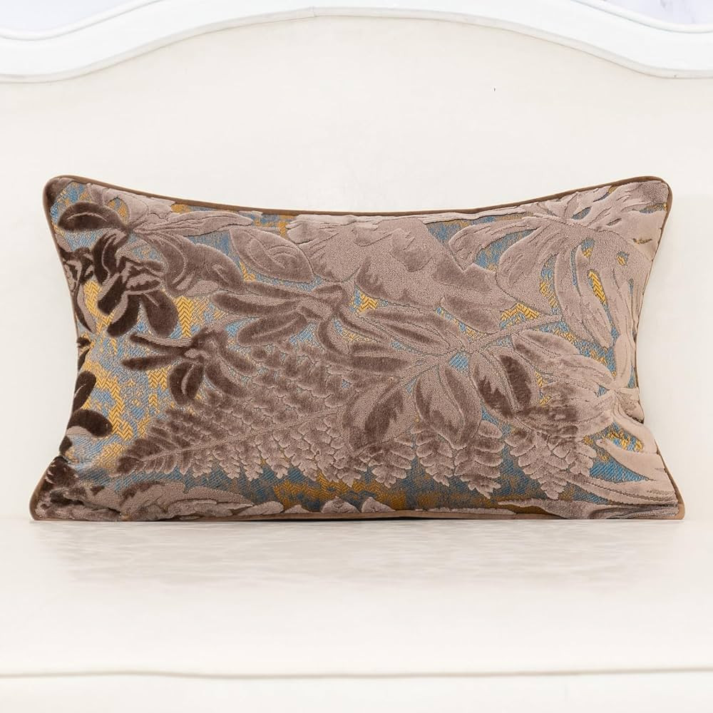 Alerfa Brown Throw Pillow Cover 12x20 Inch, Rectangle Cut Velvet Maple Leaf Embroidery Luxury Far... | Amazon (US)