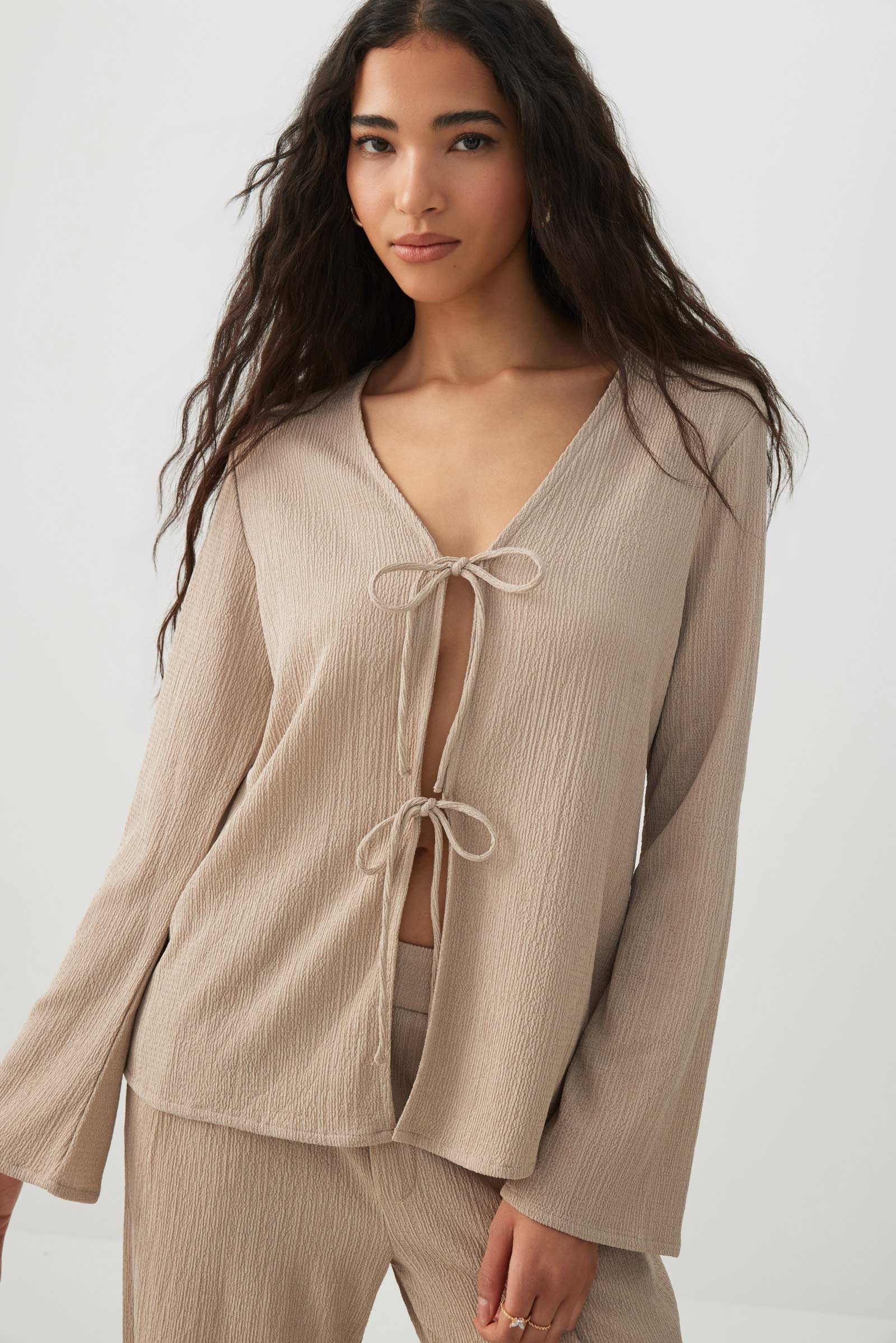 Seersucker Tie Front Cardigan | Ardene