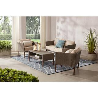 StyleWell Oakshire 4-Piece Wicker Outdoor Deep Seating Set with Tan Cushions 629 - The Home Depot | The Home Depot