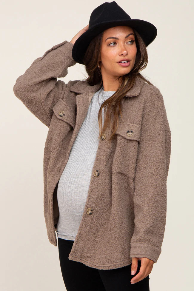 Taupe Fleece Maternity Shirt Jacket | PinkBlush Maternity