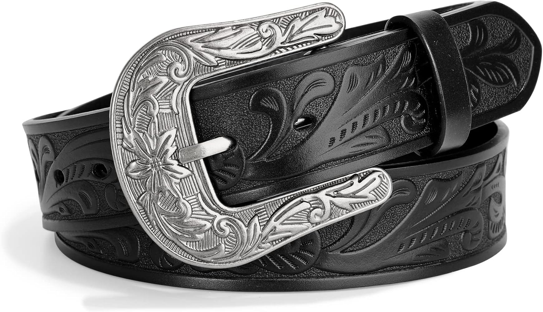 Western Belts for Women Men Cowboy Cowgirl Floral Engraved Leather Belt Strap Vintage Embossed Bu... | Amazon (US)