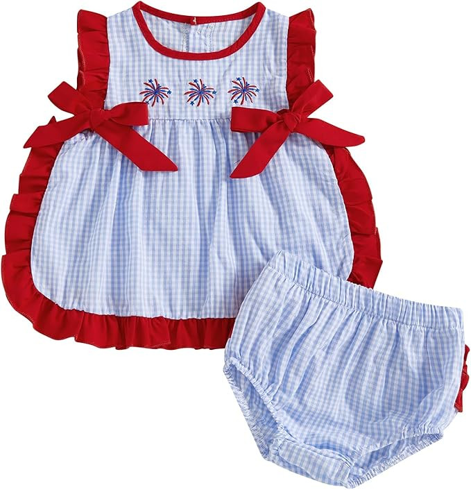 Amazon.com: Sprifallbaby 4th of July Baby Girl Outfit Newborn Fourth of July Embroidery Plaid Ruf... | Amazon (US)
