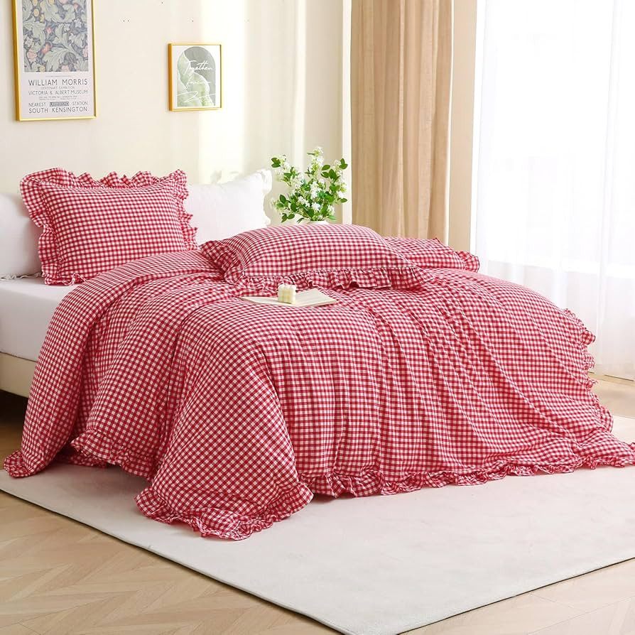 Red/White Checkered Ruffle 3-Piece Duvet Cover Set King Size,Washed Cotton Shabby Gingham Plaid B... | Amazon (US)
