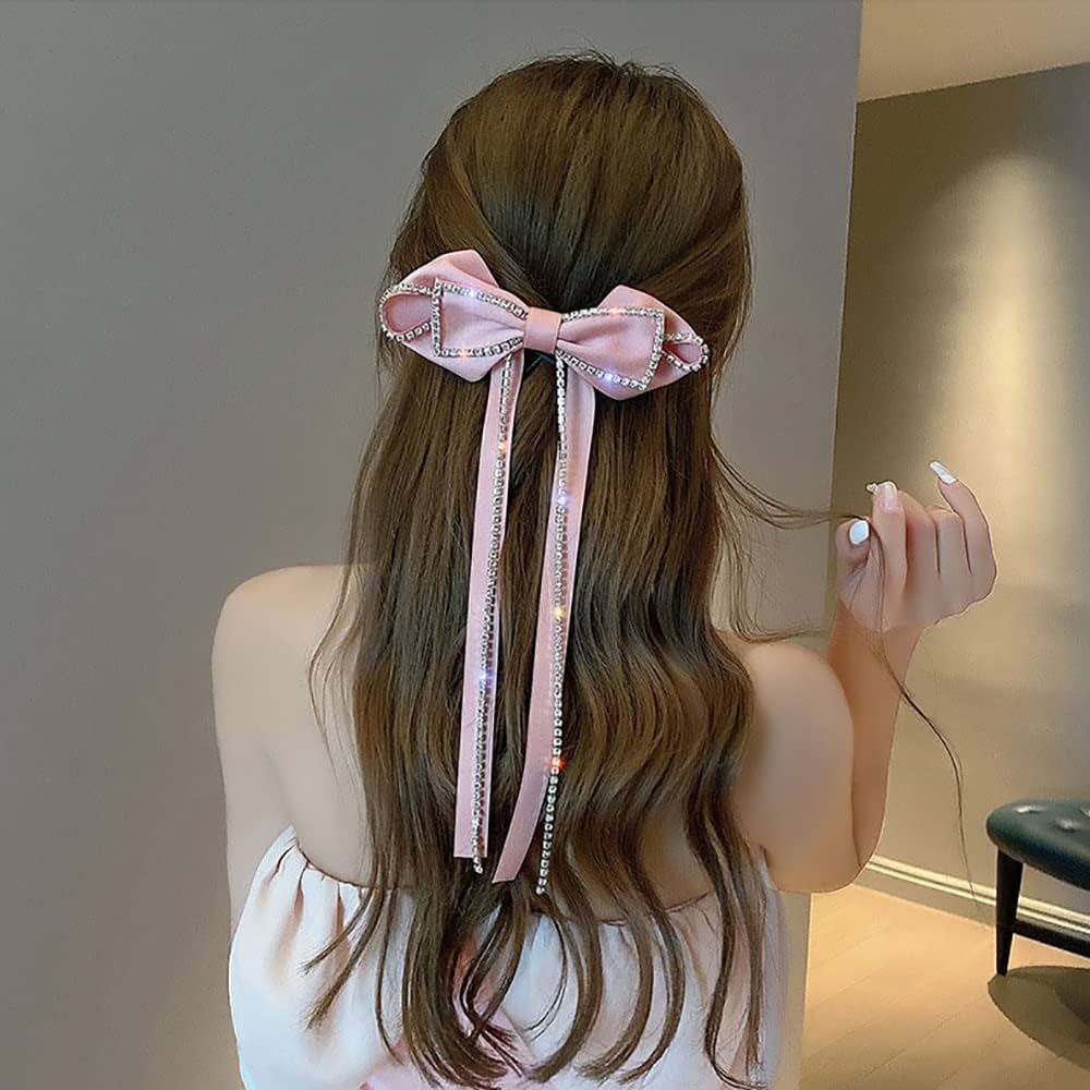 Elegant Rhinestones Hair Clip Big Bow Hairpins For Girls, Ribbon Long Tassel Rhinestone Headband ... | Amazon (US)