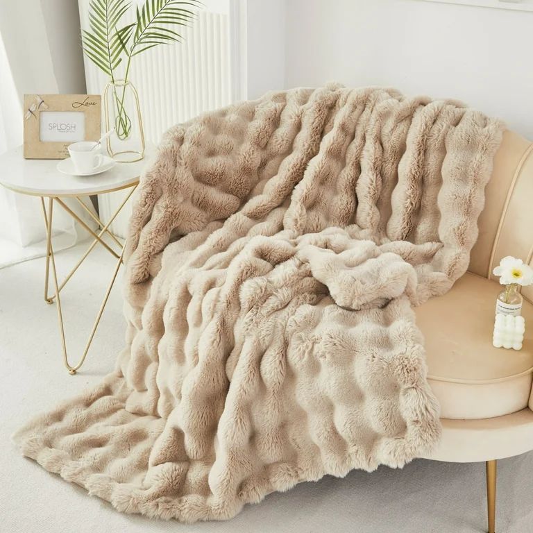 URBONUR Taupe Faux Rabbit Fur Bubble Throw Blankets for Couch Bed Sofa, Soft Warm Thick Throws an... | Walmart (US)