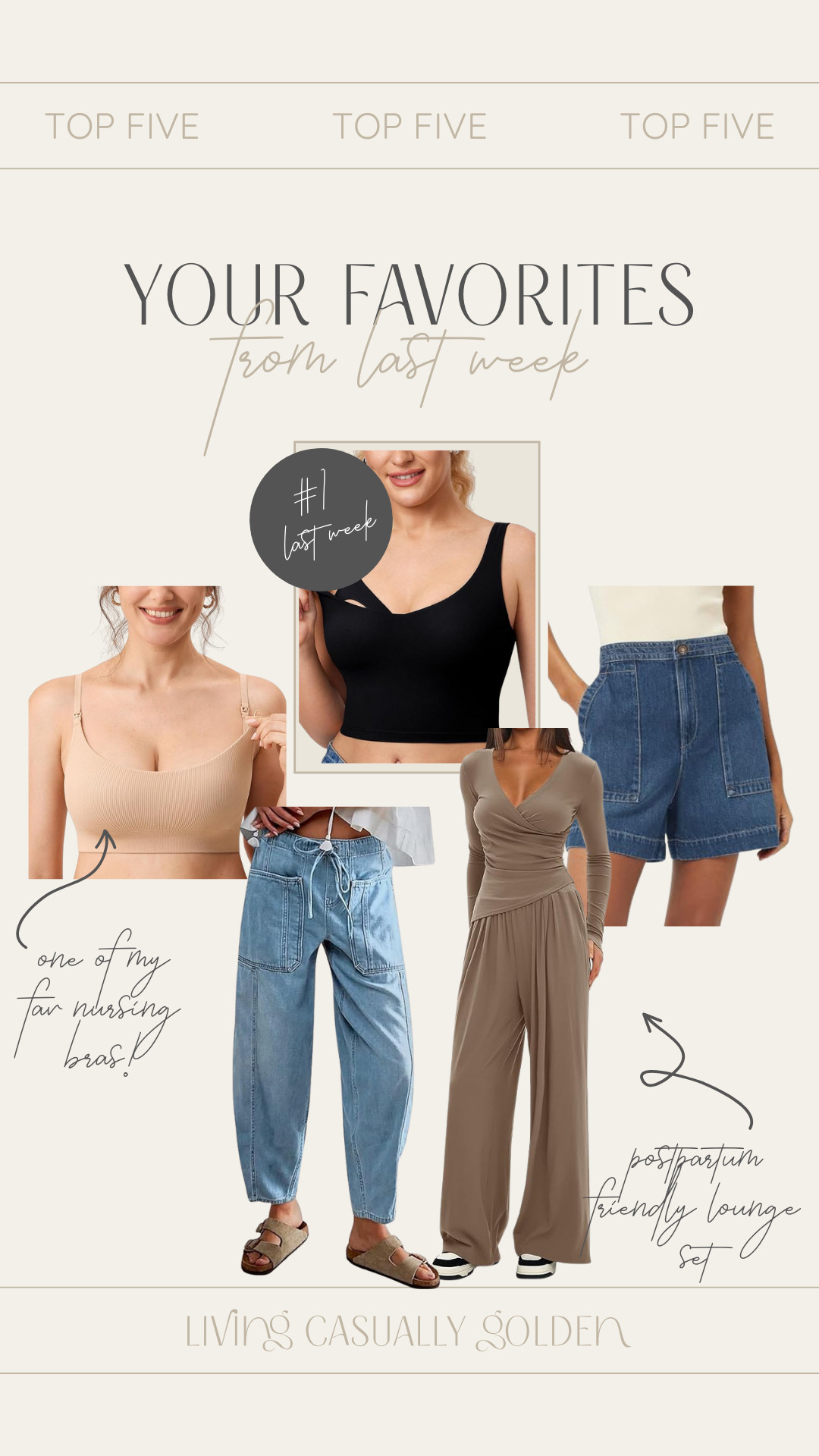 Favorites from last week | My favorite nursing bras, stretchy denim and denim shorts and postpartum and nursing friendly matching lounge set! Wearing S in shorts, M in denim and S 31" in matching set.  

 

#LTKFindsUnder50 #LTKFindsUnder100